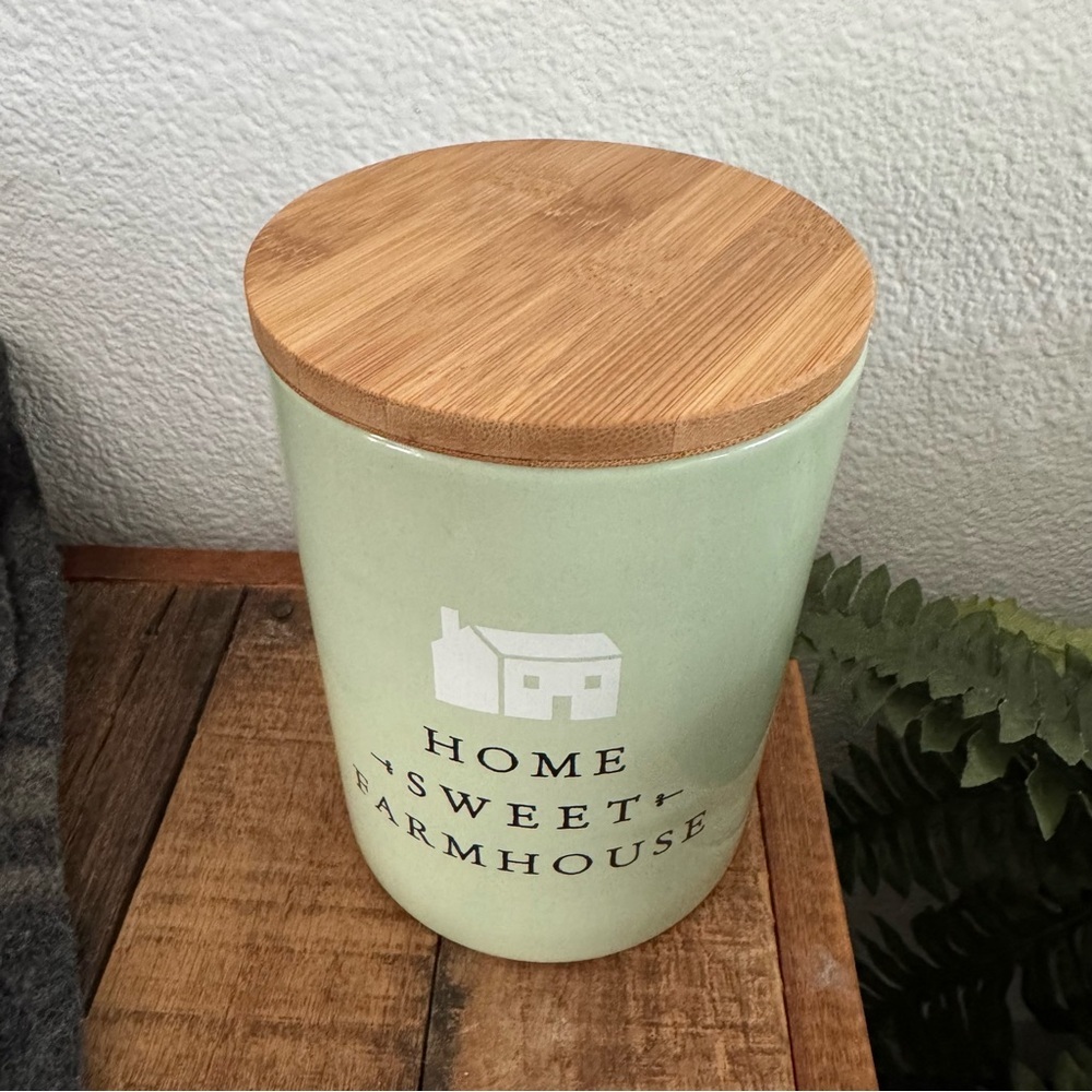Ceramic Canister Home Sweet Farmhouse Mint Green Wood Lid Rustic Minimalist - Picture 3 of 10